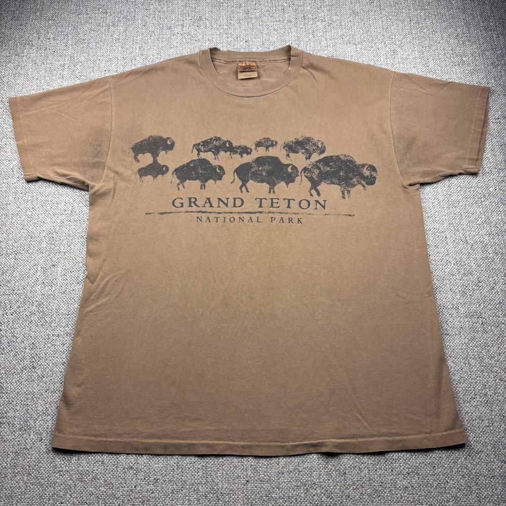 VTG Y2K Wilderness Adventure Grand Teton Bison T Shirt Mens Large Brown